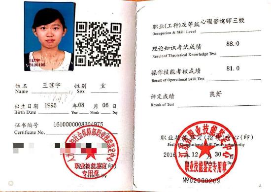 咨询师王琼宇的职业证书