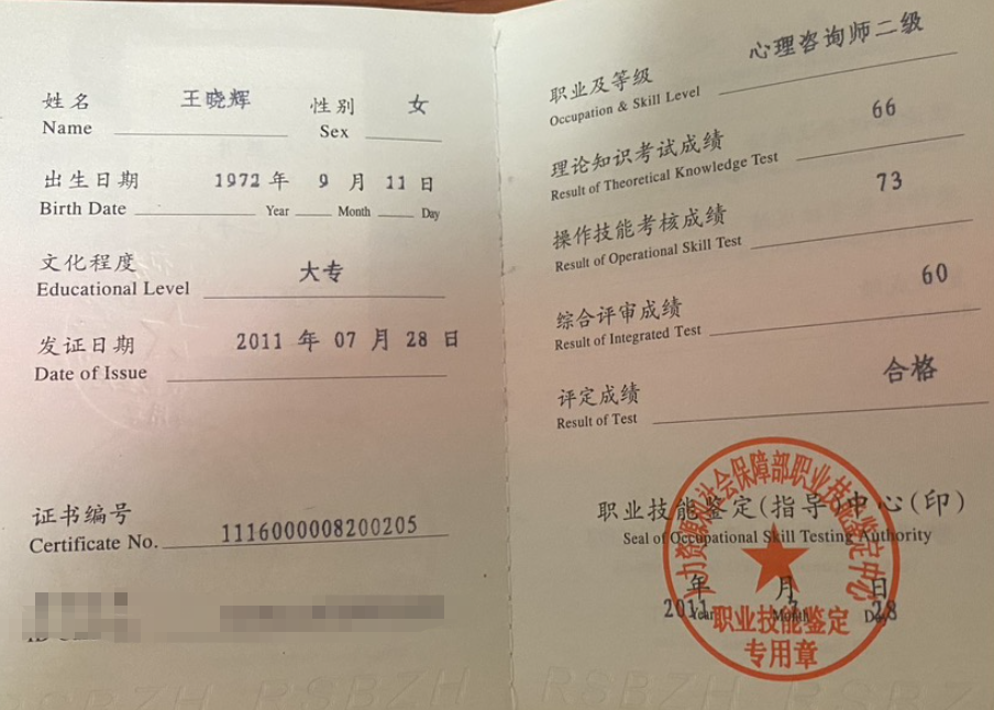 咨询师王晓辉的职业证书