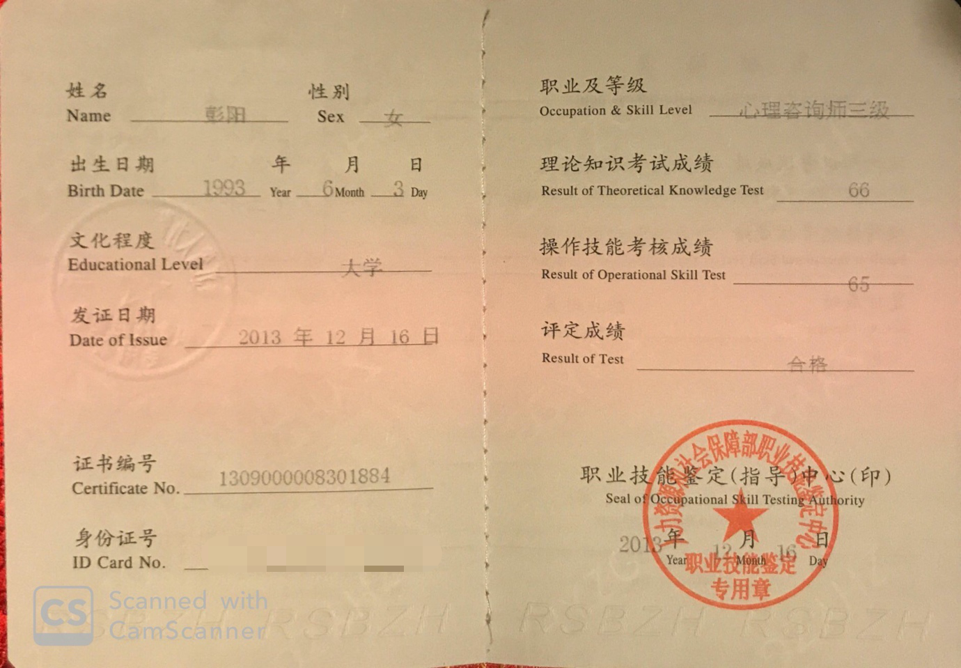 咨询师彭阳的职业证书