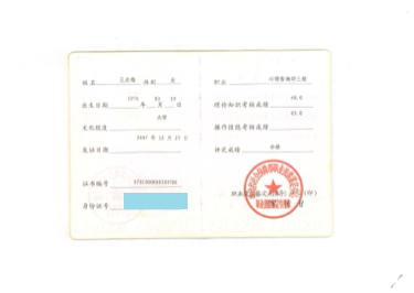 咨询师王欣梅的职业证书