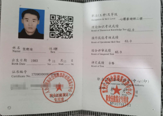 咨询师张晓迪的职业证书