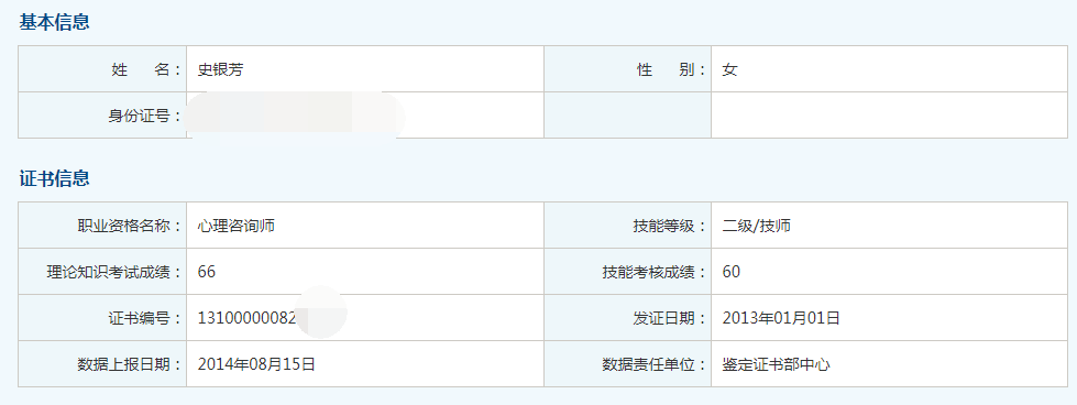 咨询师史银芳的职业证书