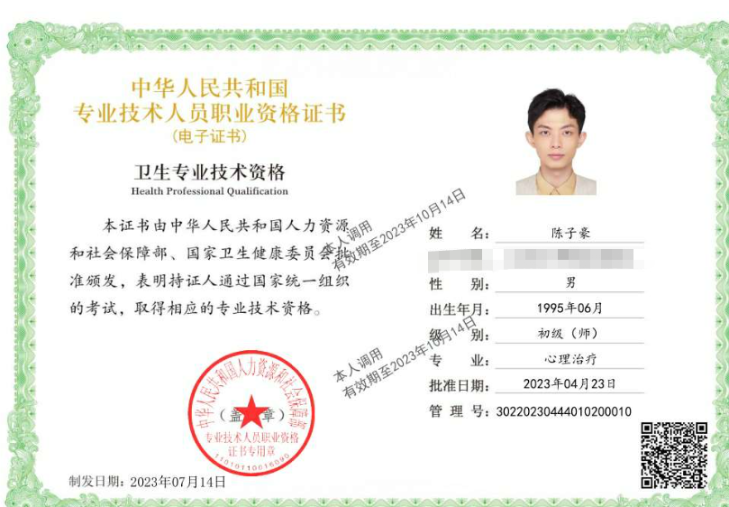 咨询师陈子豪的职业证书