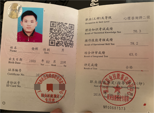 咨询师杨辉的职业证书