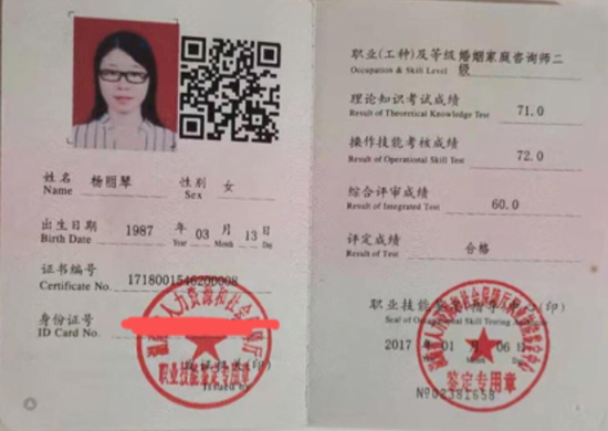 咨询师杨丽琴的职业证书