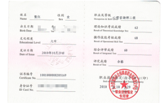 咨询师张红的职业证书