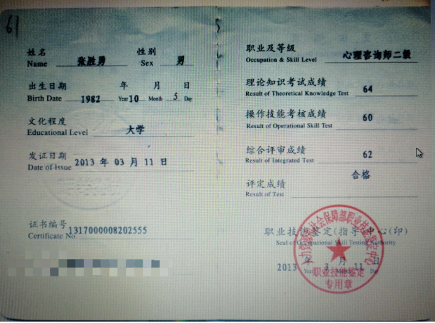 咨询师张胜勇的职业证书